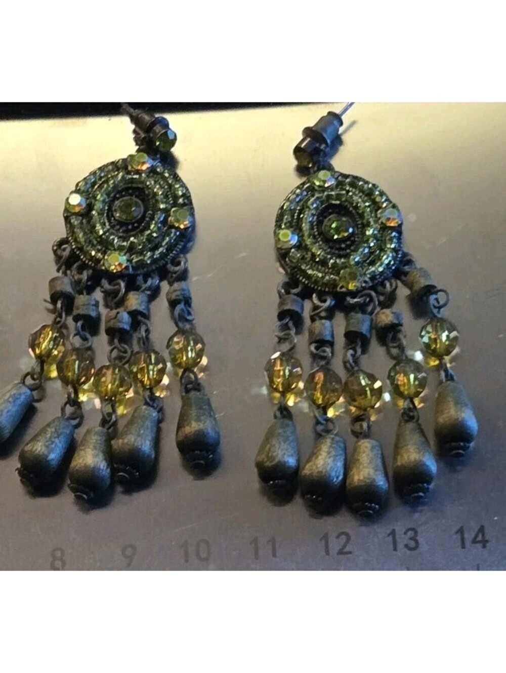 Vintage Bronze Tone Drop Dangle 2"X1" Earrings With Green Rhinestones Pierced